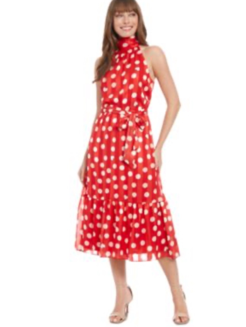 LONDON TIMES Red and White Polka Dot Sleeveless Satin Ruffled Hem Dress 16 NWT - Picture 2 of 12